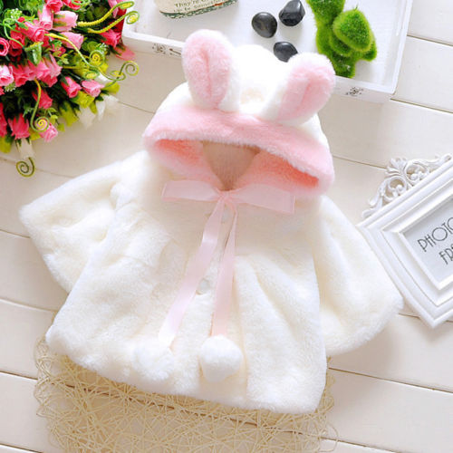 Toddler Baby Girls Warm Fleece Rabbit Ear Coat Hooded Jacket Snowsuits Cloak Clothes - ebowsos