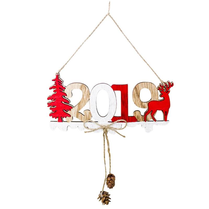2019 Christmas New Year Door Hanging Pendant Wood Xmas Tree Ornament Decor - ebowsos
