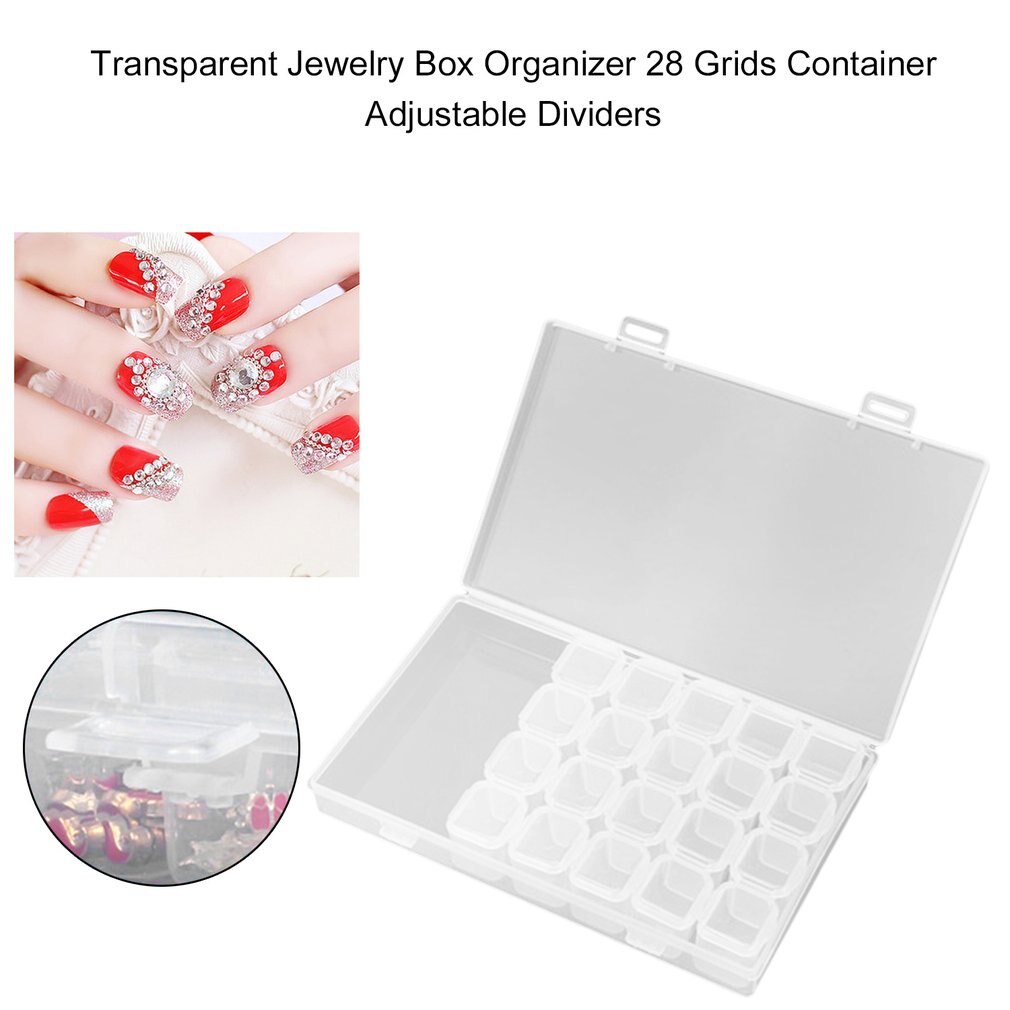 28 Grids Transparent Plastic Rhinestones Decoration Jewelry Box Storage Container Adjustable Dividers Nail Art DIY Storage Tool - ebowsos