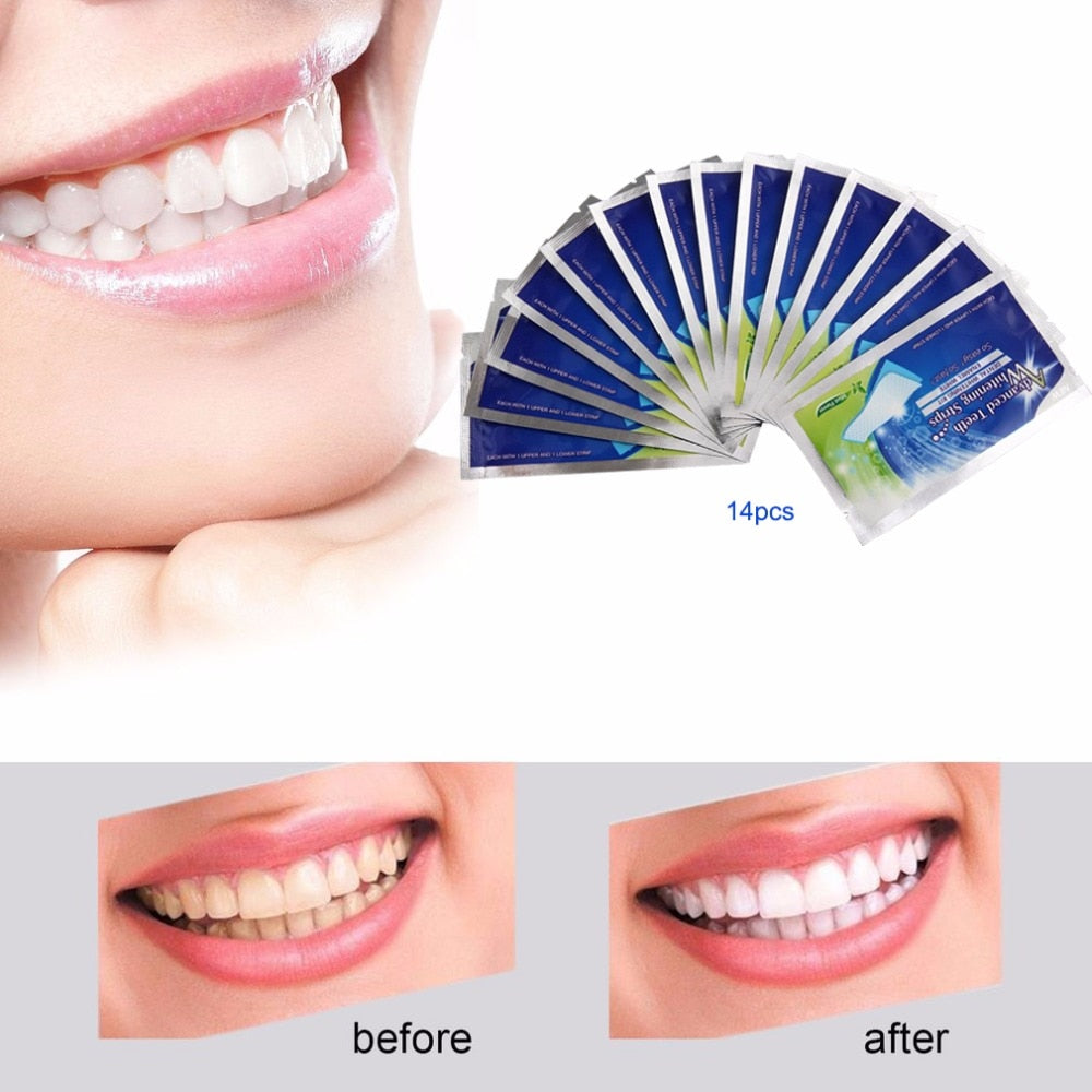 28Pcs/14Pair 3D White Gel Teeth Whitening Strips Oral Hygiene Care Double Elastic Tooth Strips Whitening Dental Bleaching Tools - ebowsos
