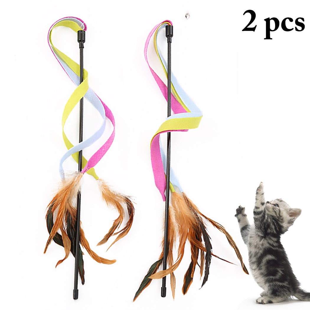 2PCS Three Colored Cloths With Feather Bells Cat Teaser Wand Creative Feather Ribbon Cat Teaser Toy Cat Interactive Toy-ebowsos