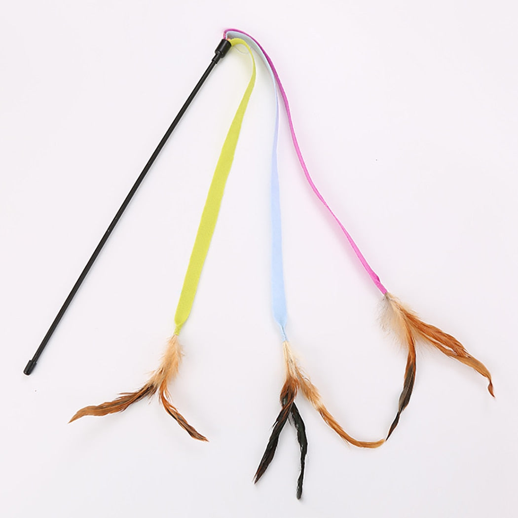 2PCS Three Colored Cloths With Feather Bells Cat Teaser Wand Creative Feather Ribbon Cat Teaser Toy Cat Interactive Toy-ebowsos