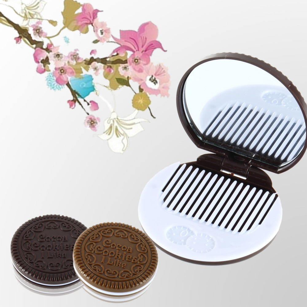 2pcs Cute Chocolate Cookie Shaped Design Makeup Mirror with 1 Comb Lady Women Makeup Tool Pocket Mirror Drop Shipping Wholesale - ebowsos