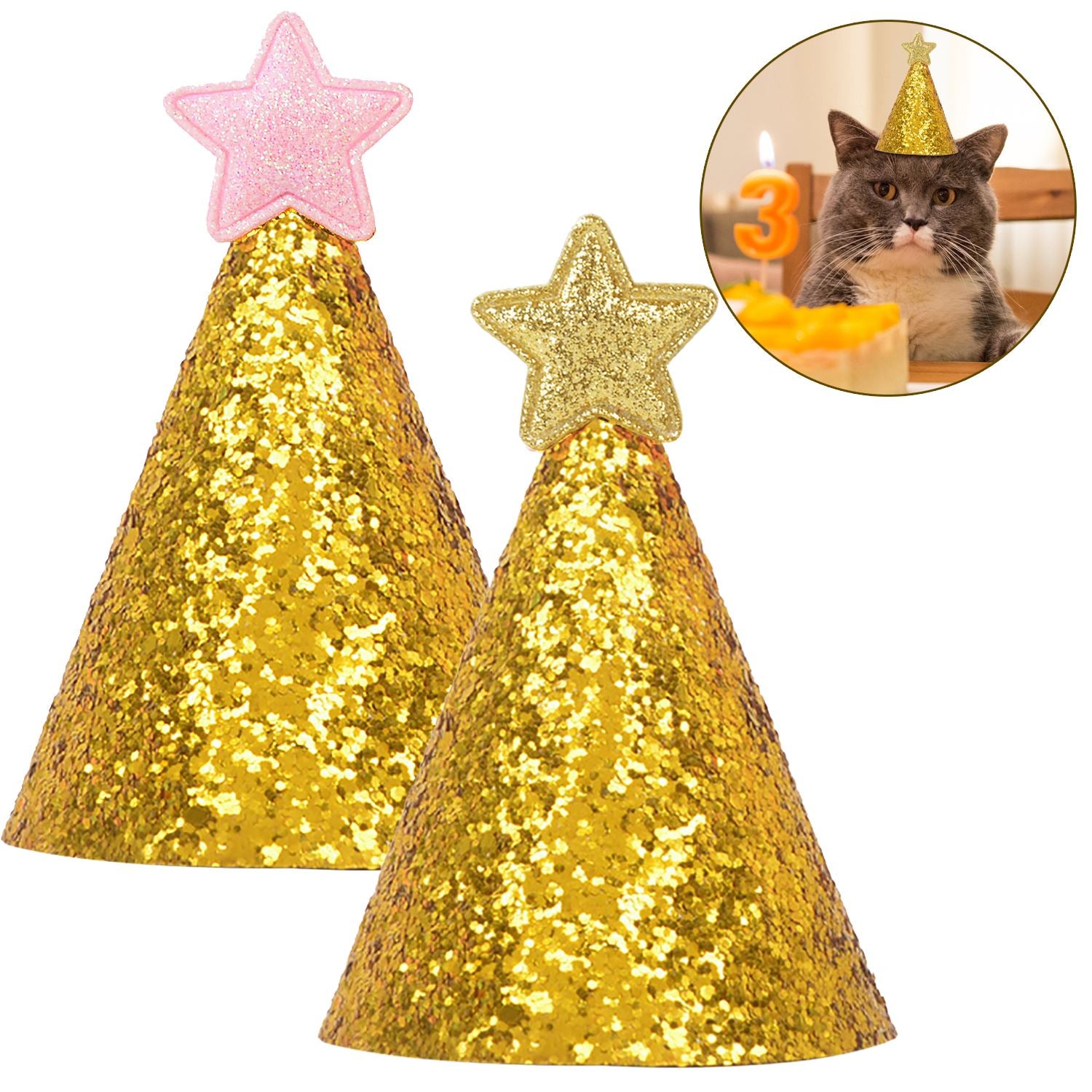 2pcs Fashion Pet Birthday Party Headwear Caps Hat Party Costume Headwear Glitter Sequin Stars Hats Pet Clothing Accessories-ebowsos