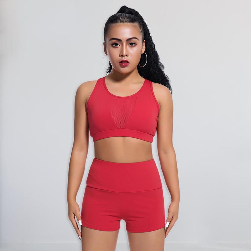 2pcs Women Fitness Yoga Suit Female Workout Sports Sexy Bra Crop Tops Shorts Solid Color Sportswear Set-ebowsos