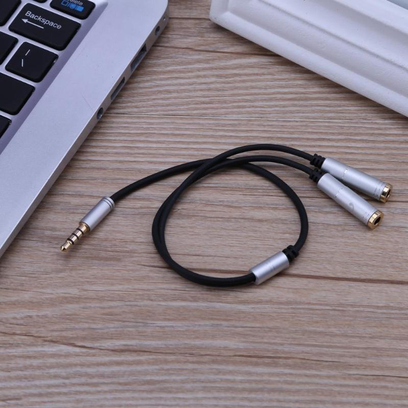3.5mm Male to 2 Headset+Microphone Female Earphone Extension Cable Splitter Cable for Laptop Tablet Mobile Phone Black Silver - ebowsos