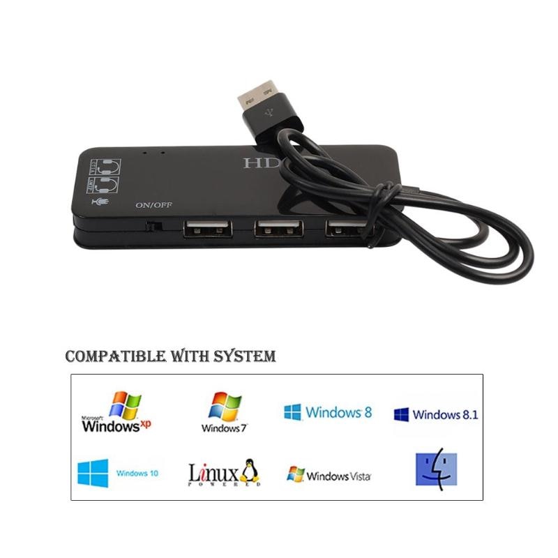 3 Port USB Hub with External 7.1 Channel Sound Card Headset Microphone Adapter USB Hub 2.0 for PC Laptop Computer - ebowsos