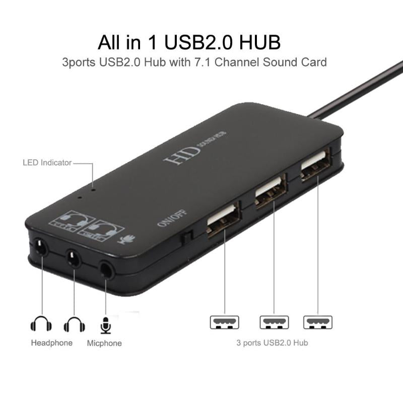 3 Port USB Hub with External 7.1 Channel Sound Card Headset Microphone Adapter USB Hub 2.0 for PC Laptop Computer - ebowsos