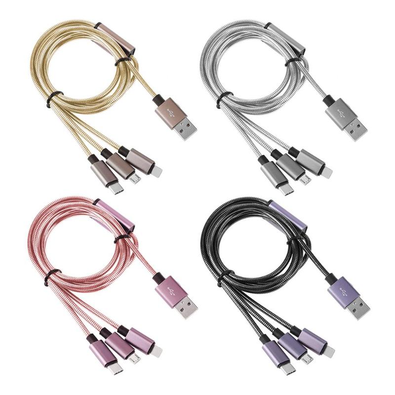 3 in 1 Metal Spring Micro USB 8Pin Type-C 1.25m 2.4A Charging Data Cable - ebowsos
