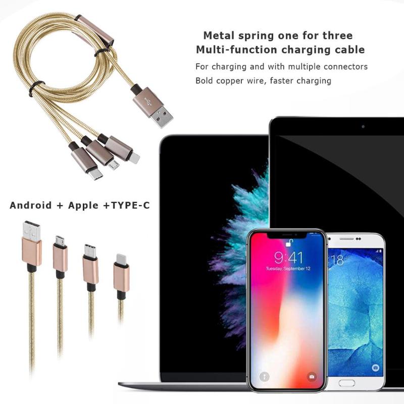 3 in 1 Metal Spring Micro USB 8Pin Type-C 1.25m 2.4A Charging Data Cable - ebowsos