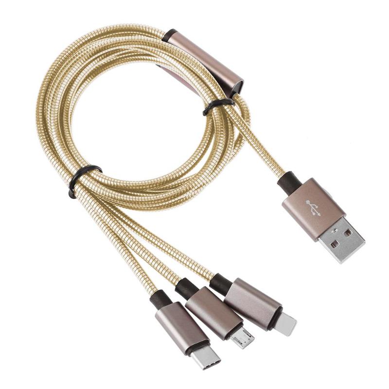 3 in 1 Metal Spring Micro USB 8Pin Type-C 1.25m 2.4A Charging Data Cable - ebowsos