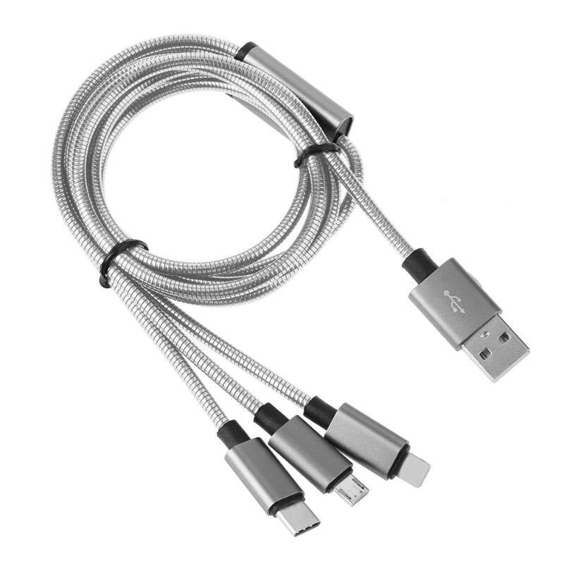 3 in 1 Metal Spring Micro USB 8Pin Type-C 1.25m 2.4A Charging Data Cable - ebowsos