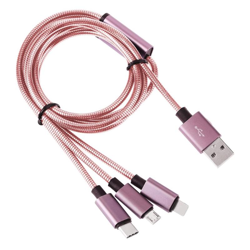 3 in 1 Metal Spring Micro USB 8Pin Type-C 1.25m 2.4A Charging Data Cable - ebowsos