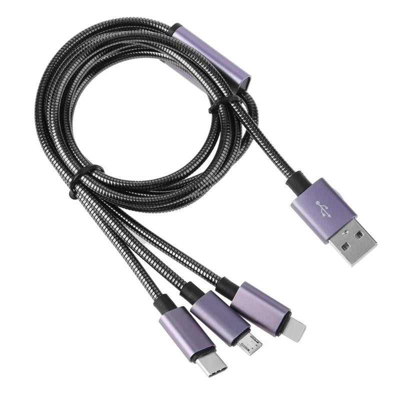 3 in 1 Metal Spring Micro USB 8Pin Type-C 1.25m 2.4A Charging Data Cable - ebowsos
