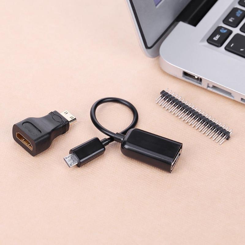3 in 1 Mini-HDMI Male to HDMI Female Adapter + Micro USB to USB Cable Wire + Male Header GPIO Pins for Raspberry Pi Zero Kit - ebowsos