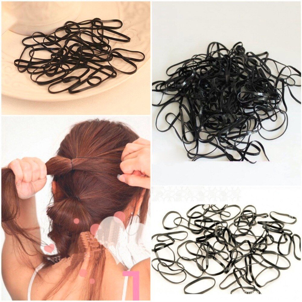 300pcs/lot Women Girls Black Rubber Hairband Rope Ponytail Holder Elastic Hair Band Ties Plaits Fashion Hair Styling Accessories - ebowsos
