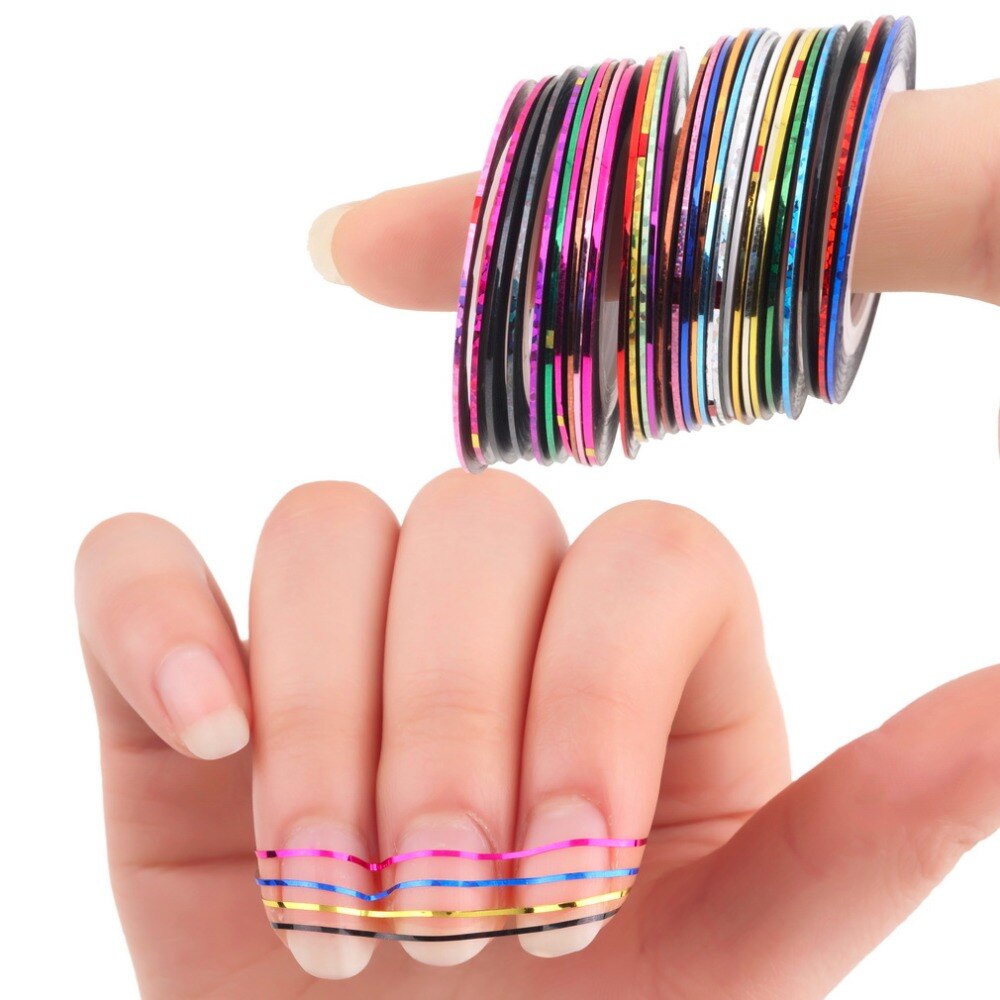 30Pcs/set Mixed Colorful Beauty Rolls Striping Decals Foil Tips Tape Line DIY Design Nail Art Stickers for nail Tools Decoration - ebowsos