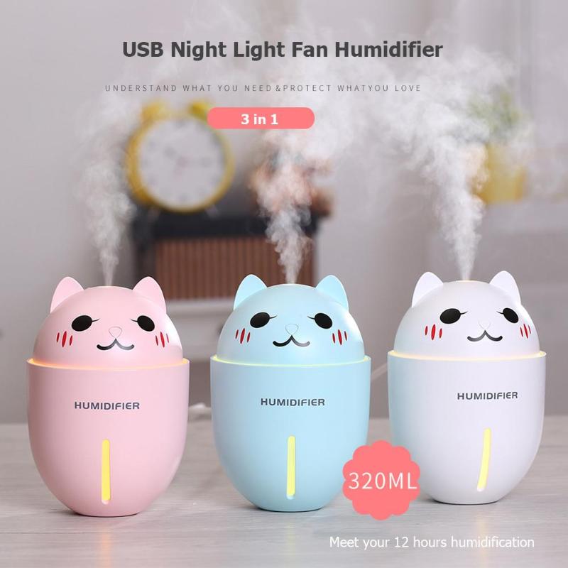 320ML Air Humidifier USB Humidifiers for Home Car Portable 3 In 1 Aroma Essential Oil Diffuser With LED Fan Night Light Hot Sale - ebowsos