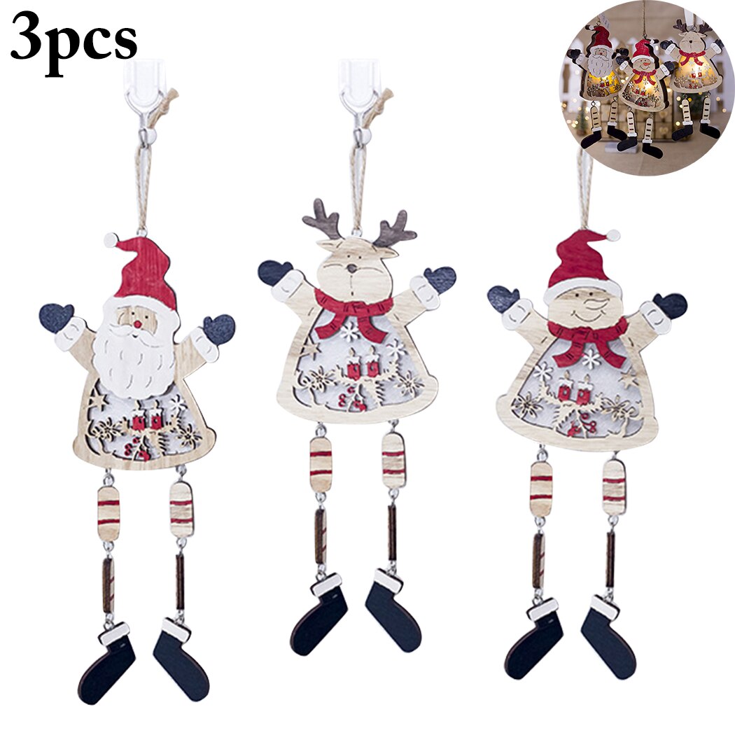 3PCS New Santa Claus Christmas Hanging Ornaments Hollow Out LED Wood Christmas Tree Pendant Christmas Decorations For Home-ebowsos