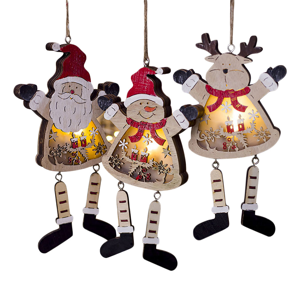 3PCS New Santa Claus Christmas Hanging Ornaments Hollow Out LED Wood Christmas Tree Pendant Christmas Decorations For Home-ebowsos