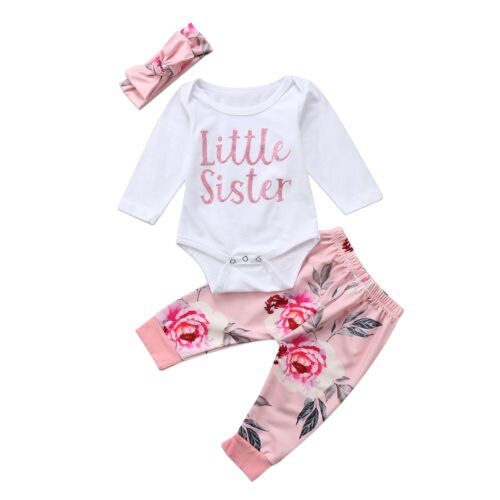 3Pcs Newborn Infant Baby Girl Clothes Little Sister Romper + Floral Pants Outfits Set - ebowsos