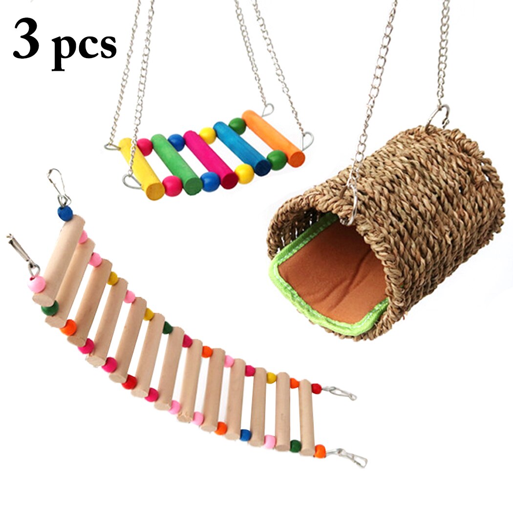 3Pcs/Set Small Pet Toys Hamster Warm Nest Swing Ladder Set Creative Assorted Hanging Bird Swing Toy Bird Cage Toy For Parrot-ebowsos