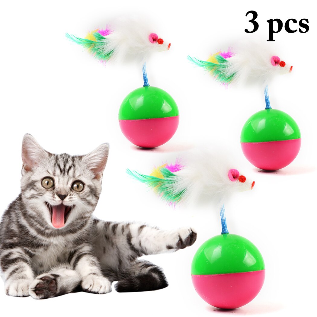 3pcs Funny Cat Toys Tumbler Mouse Fake Feather Cat Training Toy Pet Interactive Toy Pet Supplies-ebowsos