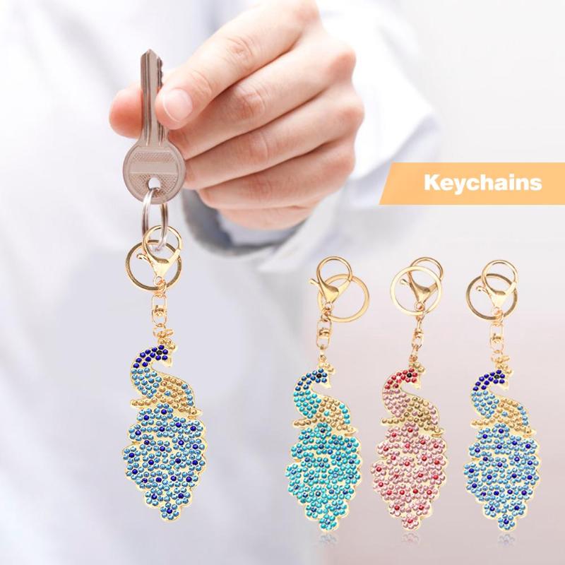 3pcs Handmade Full Diamond Special Shaped Fine Workmanship Non-fading Mosaic Pendant Girl Peacock Butterfly Keychains - ebowsos