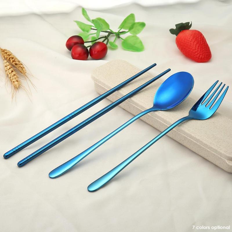 4pcs Portable Stainless Steel Tableware Set Spoon Fork Chopsticks Gifts Daily Home life Outdoor Picnic Sports Essential Tools - ebowsos