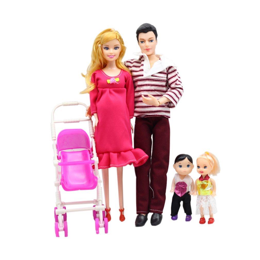 5 People Dolls Suit Toy Pregnant Doll Family Mom+Dad+Baby Son+2 Kids+Baby Carriage Toys Set For Kids Gift-ebowsos