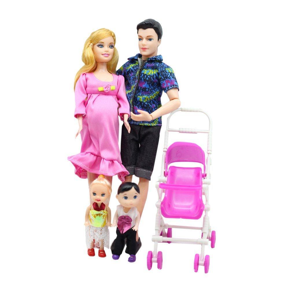 5 People Dolls Suit Toy Pregnant Doll Family Mom+Dad+Baby Son+2 Kids+Baby Carriage Toys Set For Kids Gift-ebowsos