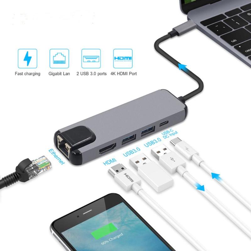 5 in 1 Type C HUB Type-C to USB3.0 HDMI RJ45 Gigabit Ethnernet Type-C Adapter Cable for Laptop Notebook High Quality USB HUB - ebowsos