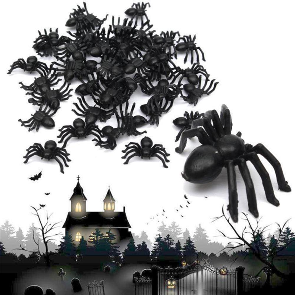 50 pcs 21*14mm Halloween Decoration Black Plastic Spider Funny Black Fake Spiders Halloween Funny Joke Prank Realistic Toys-ebowsos