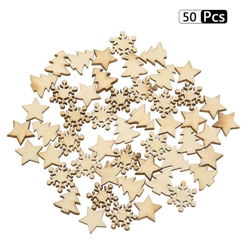 50pcs Wood Tree Snowflakes Star Table Decor DIY Christmas Tree Hang Pendant - ebowsos