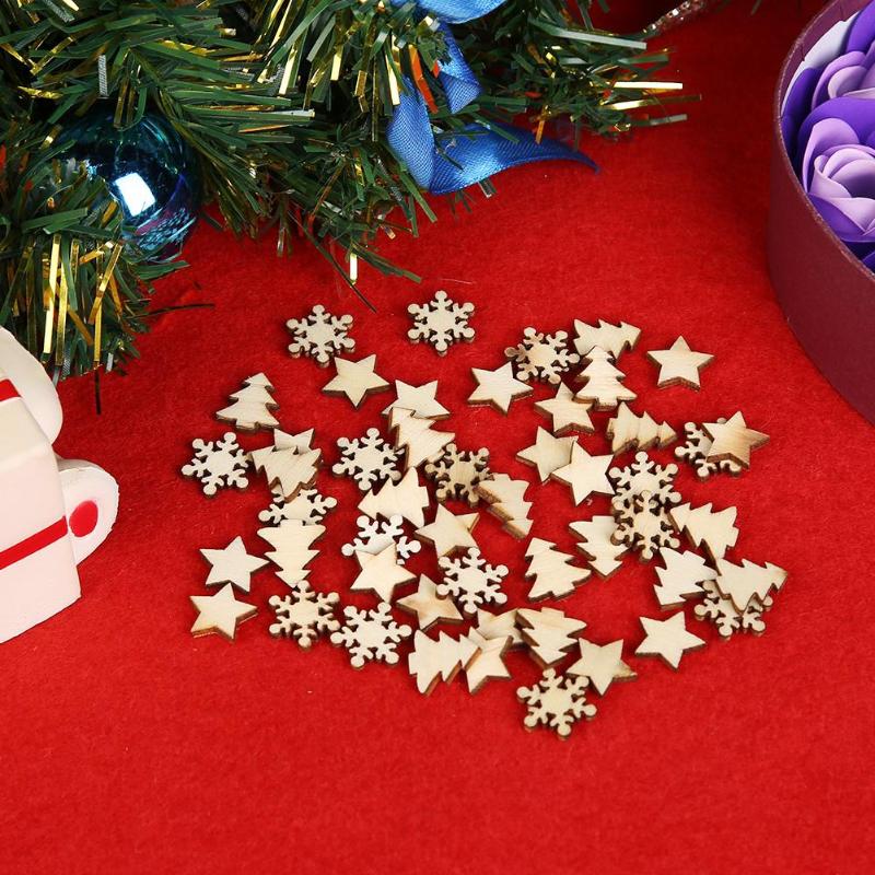 50pcs Wood Tree Snowflakes Star Table Decor DIY Christmas Tree Hang Pendant - ebowsos