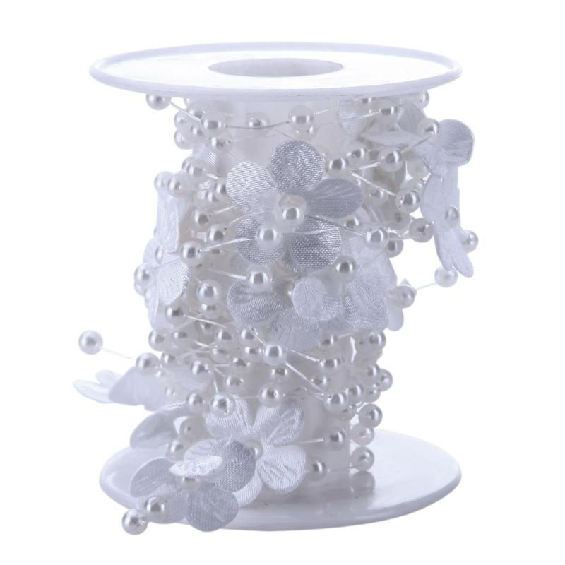 5M Satin Flower Pearl String Bead Garland Wedding Table Decor DIY Beige - ebowsos