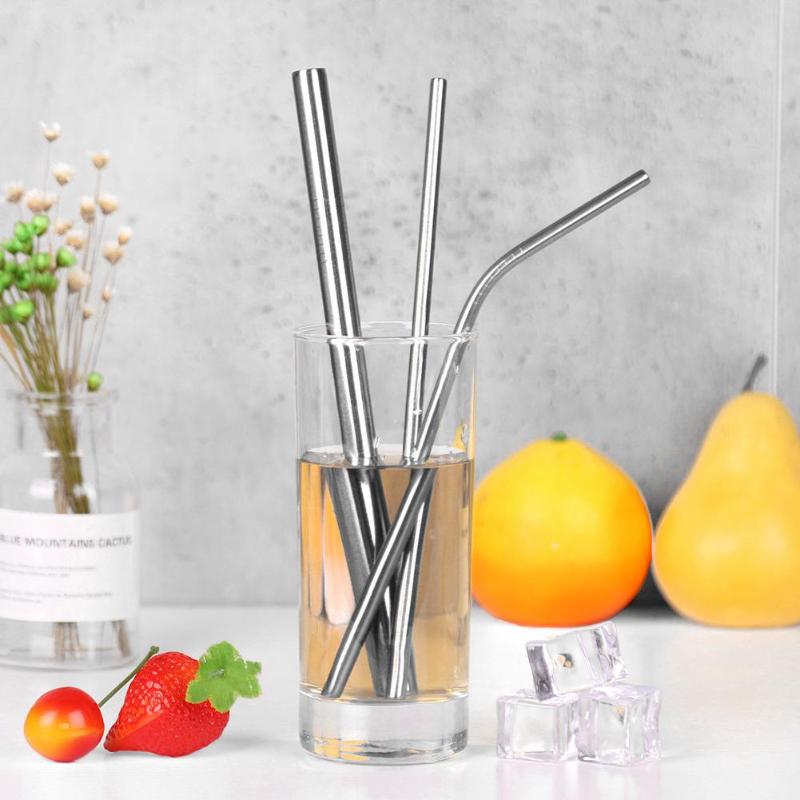 5Pcs Reusable Metal Drinking Straw Stainless Steel Sturdy Bent Straight Drinks Straws With Cleaner Brush Party Bar Accessory - ebowsos