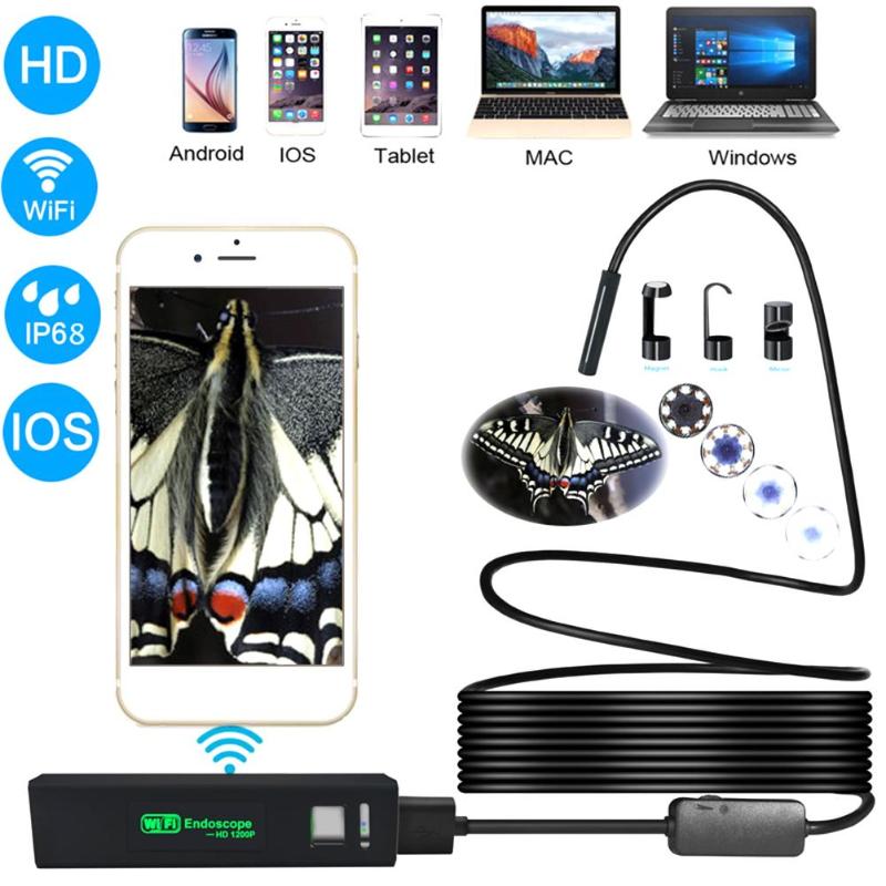 5m USB Endoscope Camera HD 1200P 2MP 8mm 8 LED Lens Wireless Wifi Borescope Video Inspection for iOS with Charging Cable - ebowsos