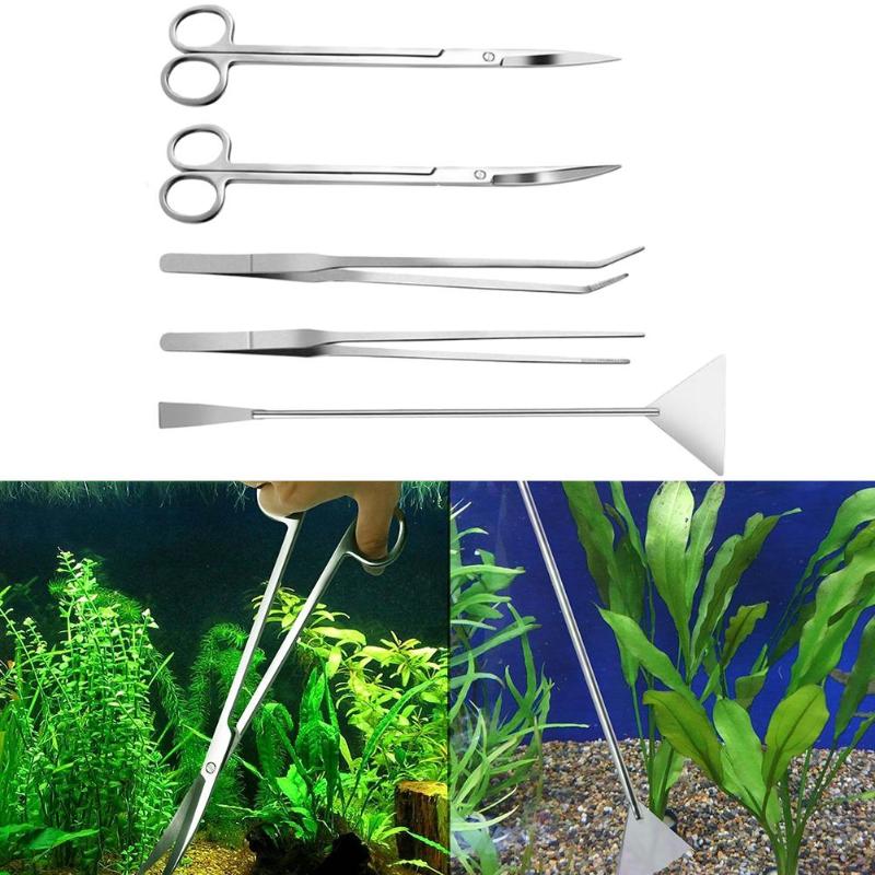 5pcs Aquarium Plant Maintenance Tools Kit Lightweight and Delicate Functional Diversity Curve Straight stainless Scissors Set - ebowsos