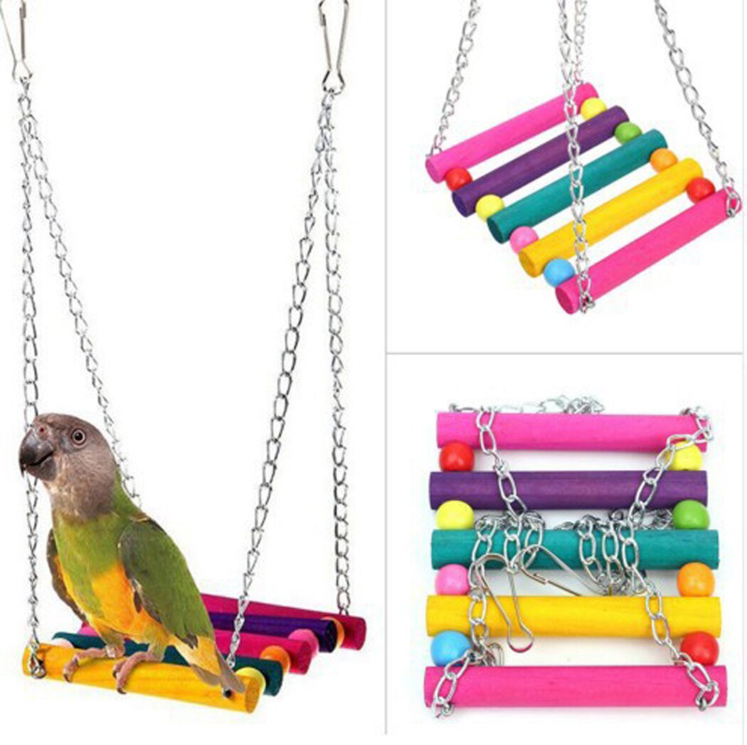 5pcs Bird Swing Climb Chew Toys With Bell Natural Wooden Grass Chewing Bite Hanging Bridge Chain Cage Pet Training Supplies-ebowsos