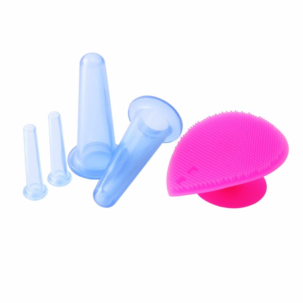 5pcs/set Silicone Face Cupping Cups Jar Vacuum Cans Facial Lifting Body Back Eye Massage+Cleansing Brush Anti-cellulite Massager - ebowsos