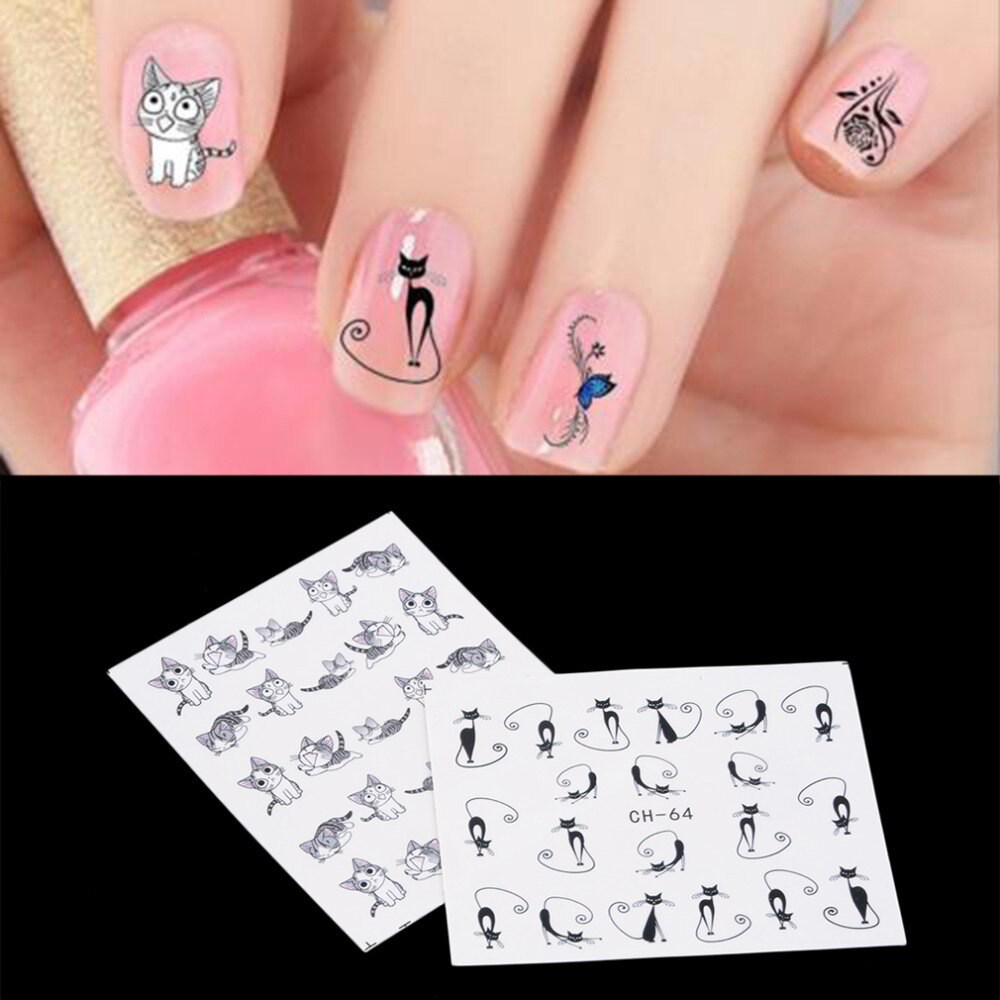6 Sheet/set Nail Art Stickers Plant Animal Pattern Cute Cat Butterfly Flower Water Transfers Nail Sticker Decals DIY Decoration - ebowsos