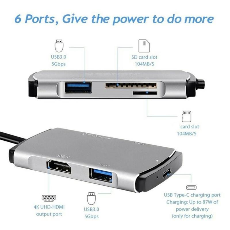 6 in 1 USB C Hub Type C to USB3.0 HDMI PD Card Reader Adapter for MacBook Huawei Mate 20 High Quality USB Hub Accessory - ebowsos