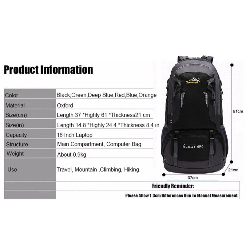 60L Camping Hiking Backpacks Bag Nylon Outdoor Travel Bags Backpacks Tactical Sport Waterproof Climbing Sport Bag-ebowsos