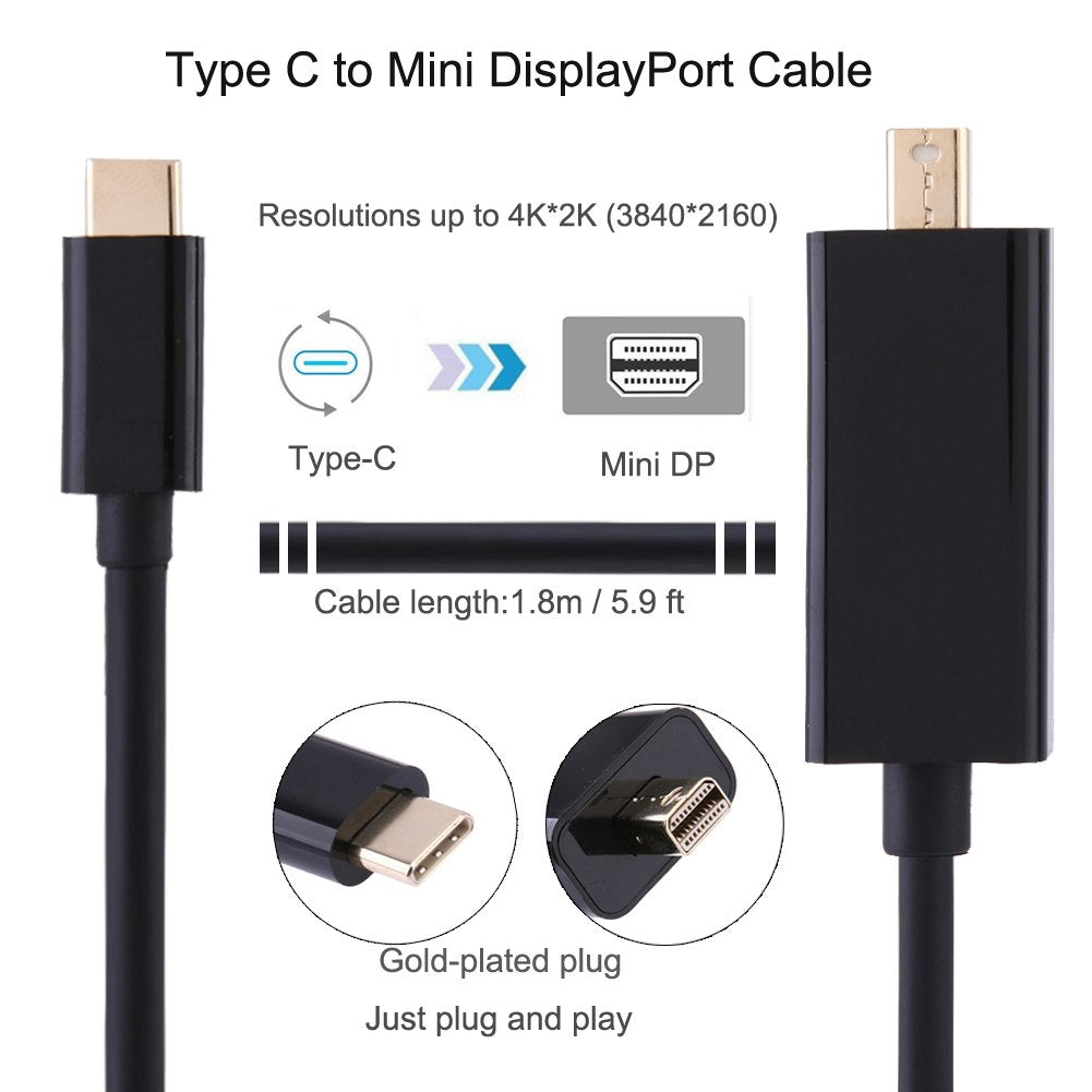 6Ft/1.8m Gold Plated Type C to Mini DisplayPort DP to DisplayPort DP Cable Adpter Male to Male For MacBook Air HDTV - ebowsos