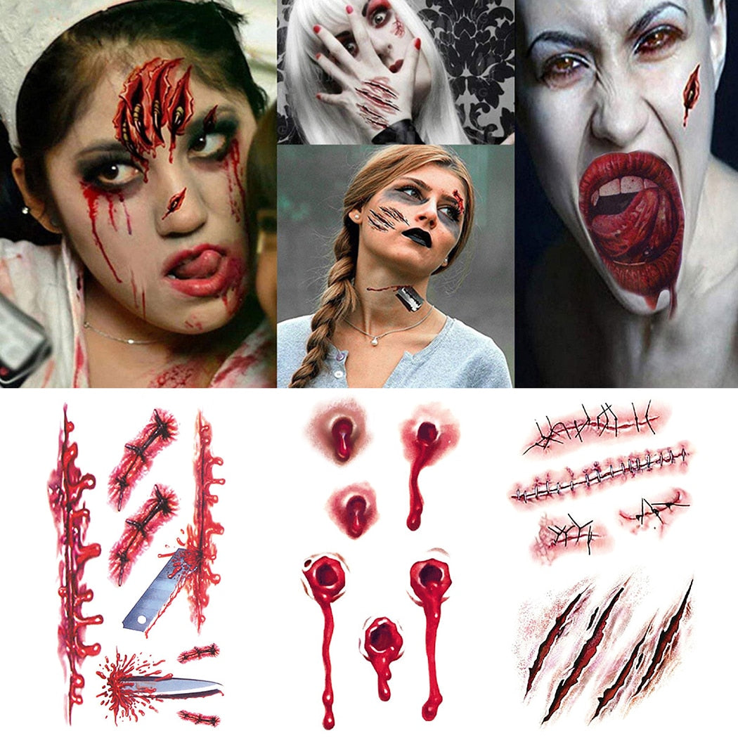 6Pcs Halloween Waterproof Tattoo Sticker Stitch Scar Fake Tattoo Temporary Tattoo Sticker Party Decoration Props Accessories-ebowsos