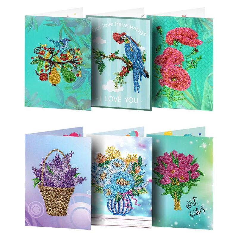 6pcs 5D DIY Special-shaped Diamond Painting Birthday Greeting Cards Gift High Quality Handmade Cards Festive Party Supplies - ebowsos