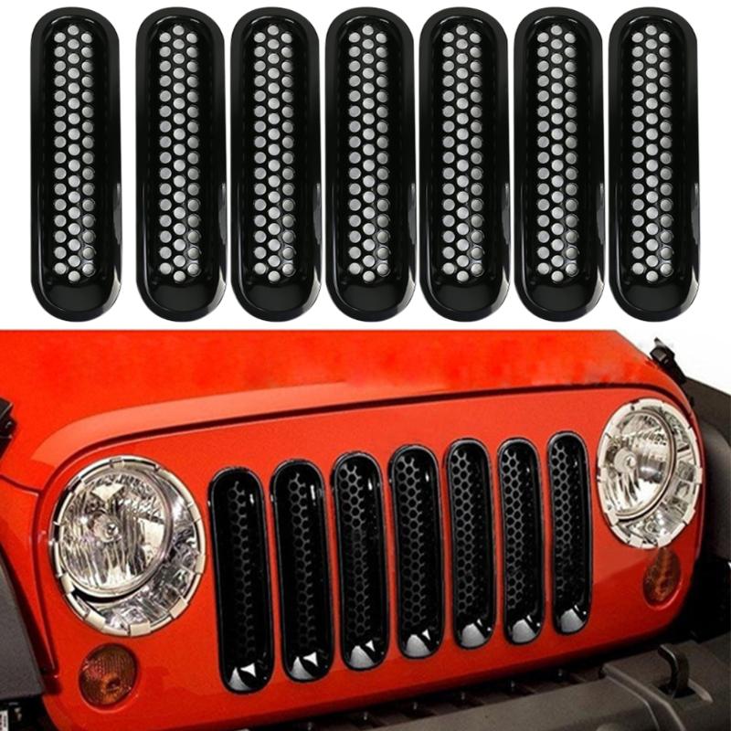 7Pcs Black Trim Front Grille Cover Insert Mesh Without Lock Hole For Jeep Wrangler JK 2007-2016 - ebowsos