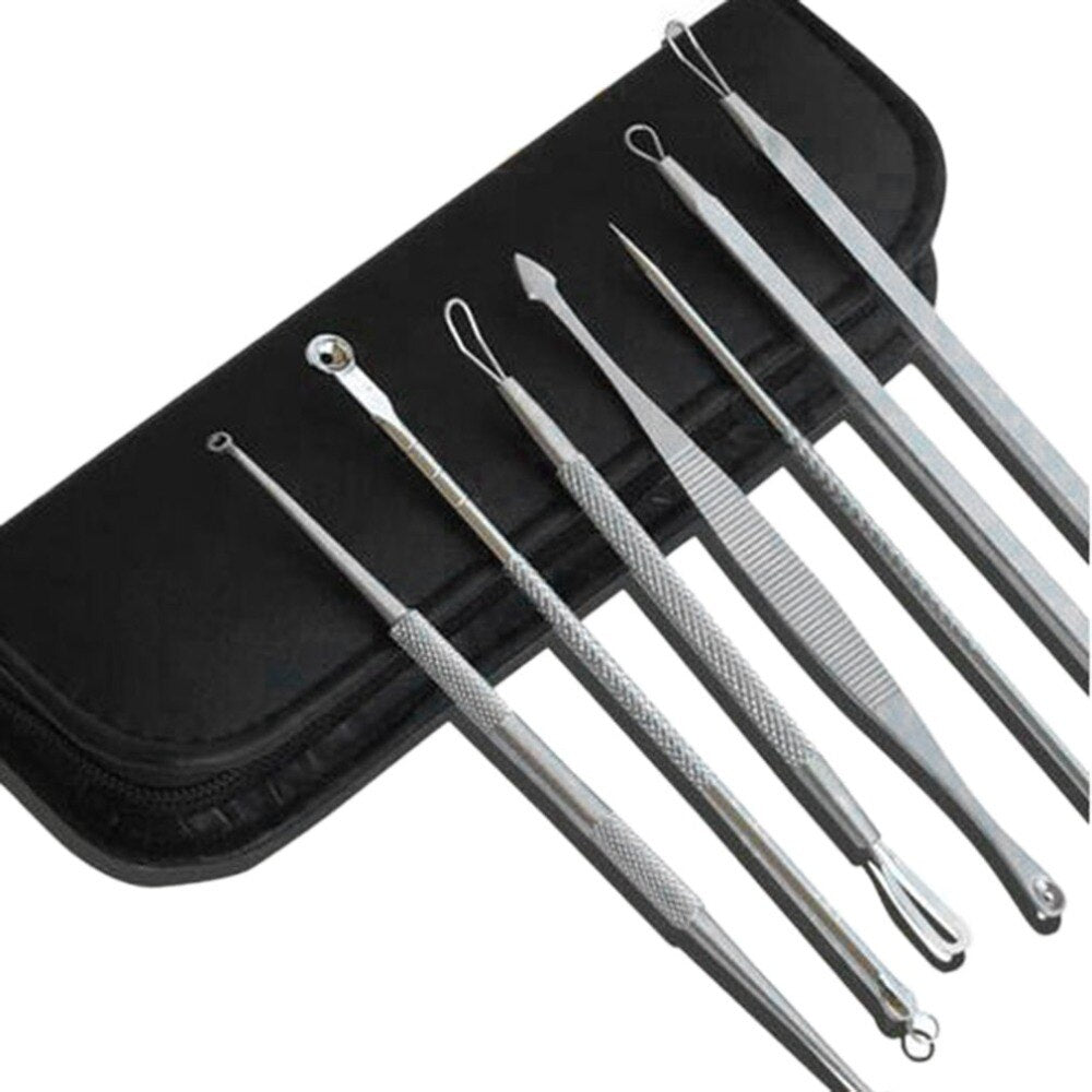 7Pcs Stainless Steel Blackhead Extractor Remover Tool Pimple Blemish Extractor Facial Skincare Set Kit With Leather Storage bag - ebowsos