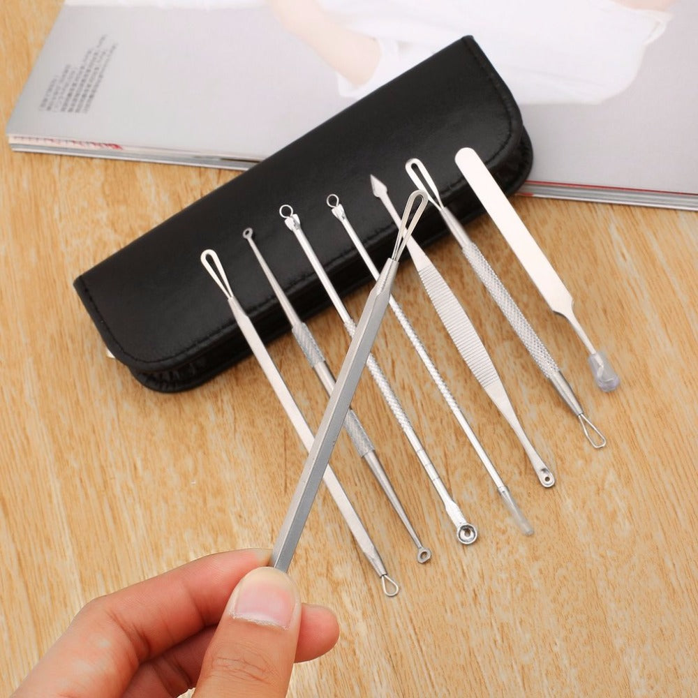 8 Pcs Blackhead Remover Tool Kit Pimple Acne Clip Needle Face Care Comedone Blemish Blackhead Extractor Tool with Leather Case - ebowsos